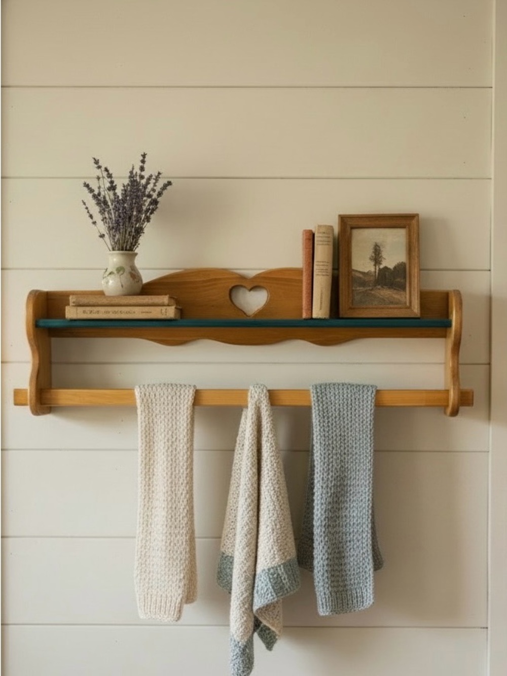 Vintage 39” Large Hanging Wall Display Shelf  Wood Farmhouse Cottage Core Heart